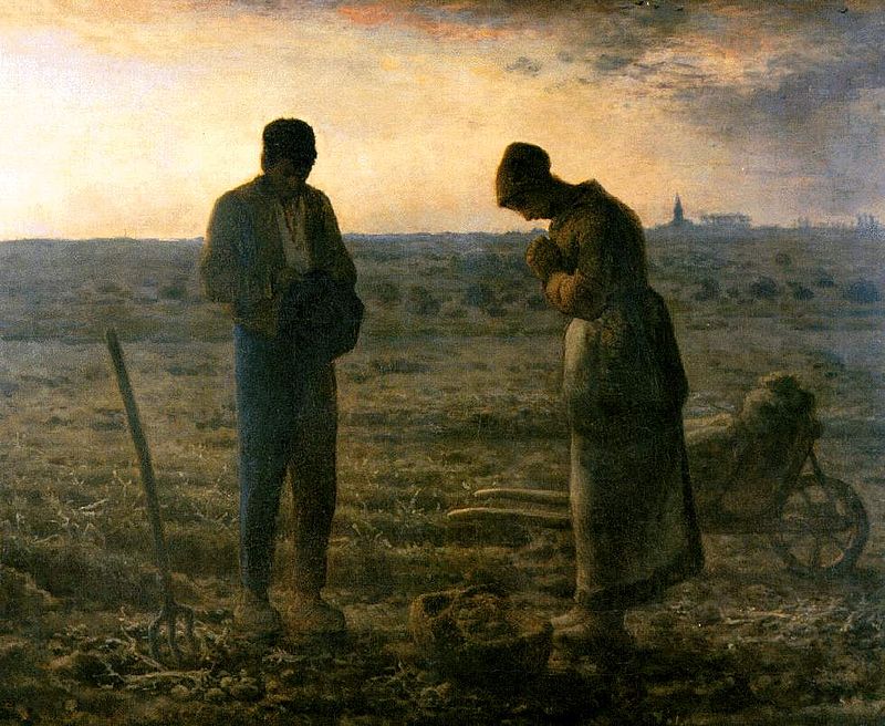 A obra retrata um casal de camponeses em um campo, interrompendo seu trabalho para rezar após ouvir o sino da igreja, que sinaliza a oração do Angelus