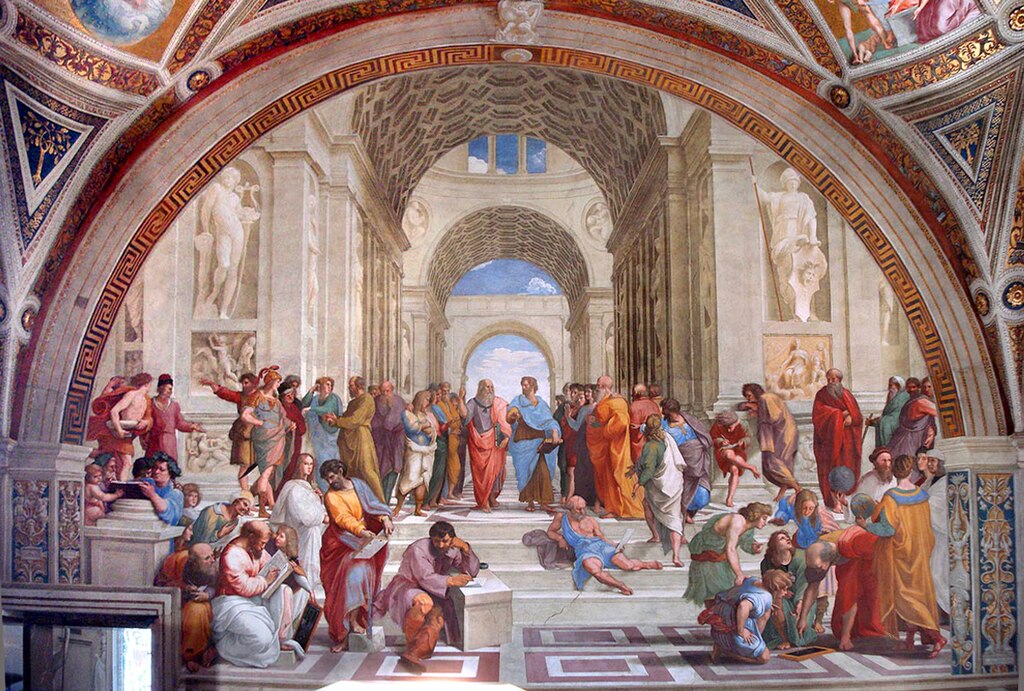 A Escola de Atenas (1511), de Rafael. A celebração da filosofia clássica e da autoridade dos mestres — o grandioso edifício intelectual que Descartes ousou submeter ao teste radical da dúvida.