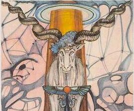 Ilustração da carta O Diabo do Tarot de Thoth, mostrando um bode estilizado com um terceiro olho em um pedestal fálico.