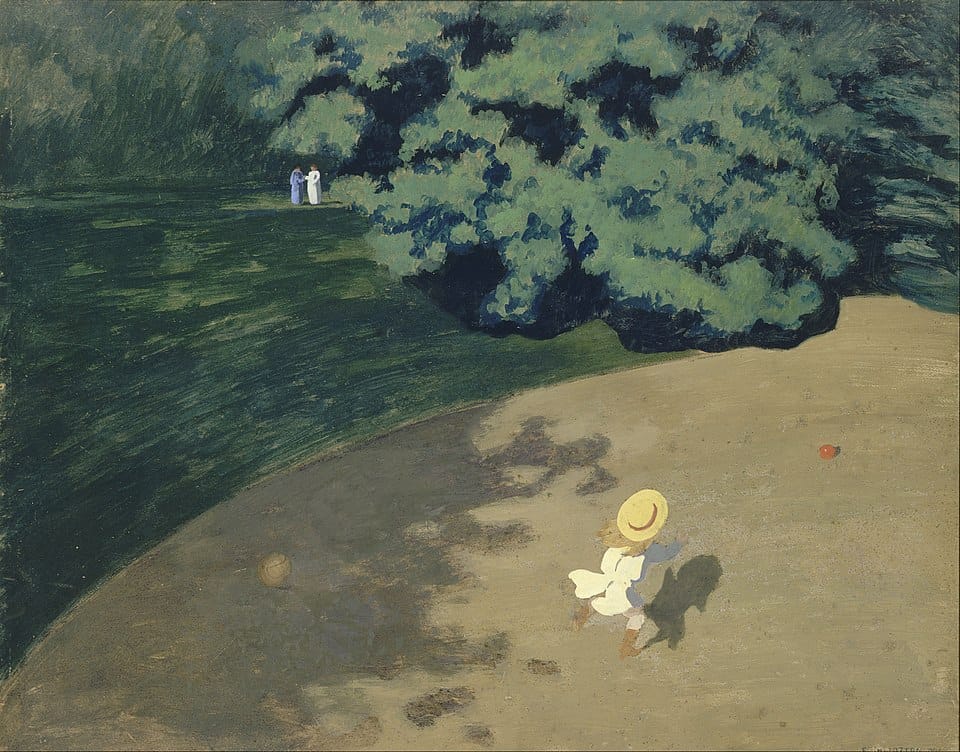 Pintura "A Bola" de Félix Vallotton mostrando uma criança correndo sozinha em um parque com sombras grandes e figuras distantes, transmitindo uma sensação de solidão e estranhamento.