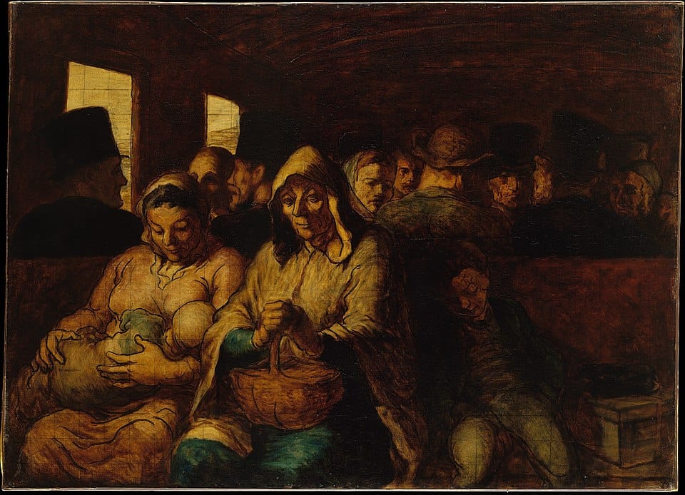 Pintura realista "O Vagão da Terceira Classe" de Honoré Daumier, com passageiros anônimos e cansados em um vagão de trem escuro, representando a impessoalidade da vida cotidiana.