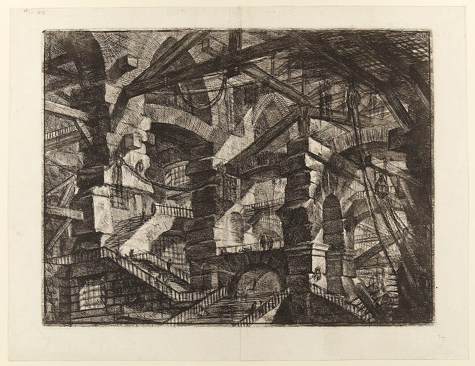 Gravura "Prisões Imaginárias" de Piranesi com uma vasta e opressora arquitetura labiríntica, com arcos e escadas, onde pequenas figuras humanas parecem perdidas e insignificantes.